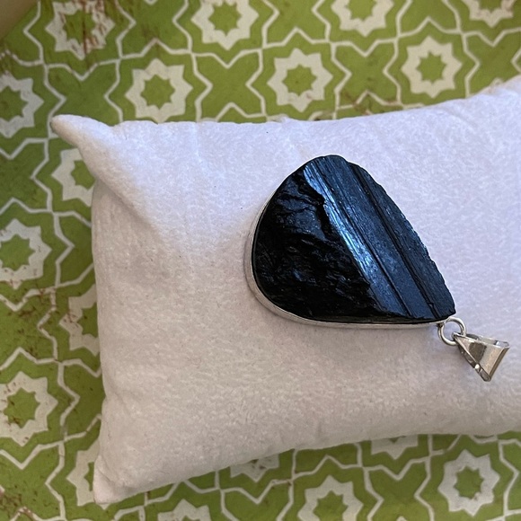 Natural Black Tourmaline Rough Teardrop 925 Silver Plated Pendant – Brand New - Picture 2 of 7